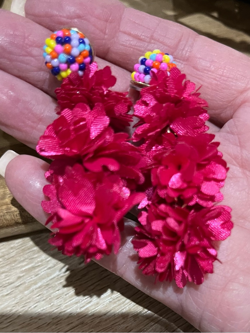 J. Crew Hot Pink Floral Beaded Blossom Drop Earrings NEW